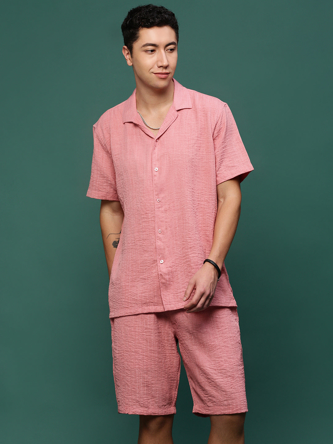 Men Pink Cuban Collar Solid Co Ords Set