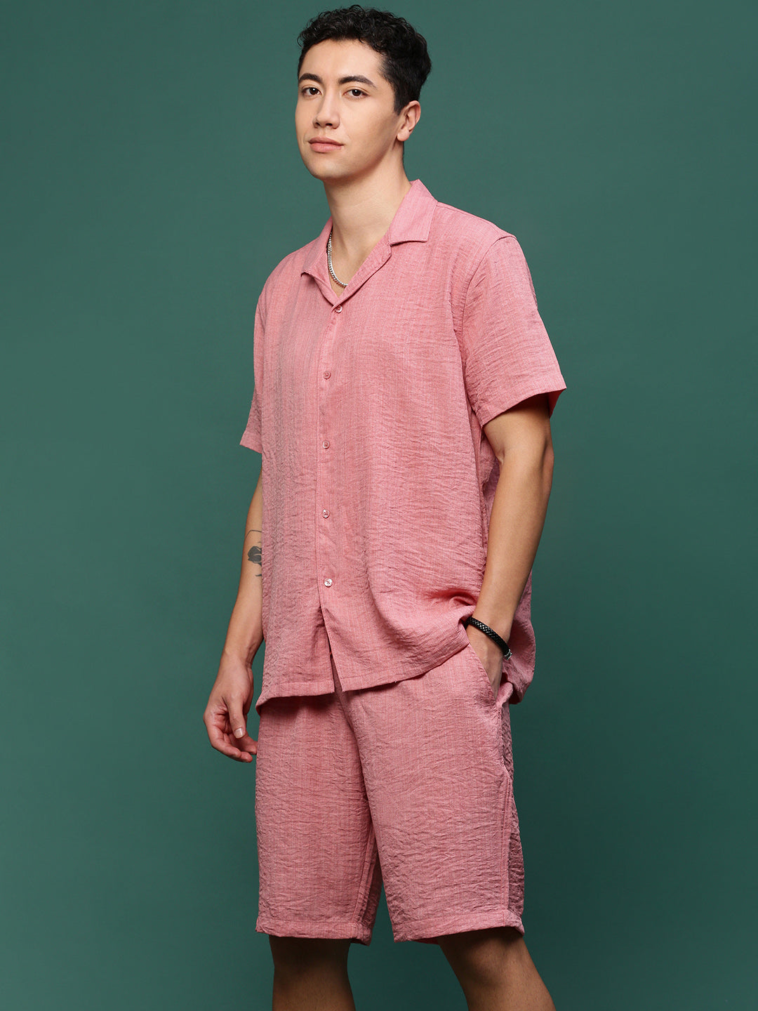 Men Pink Cuban Collar Solid Co Ords Set