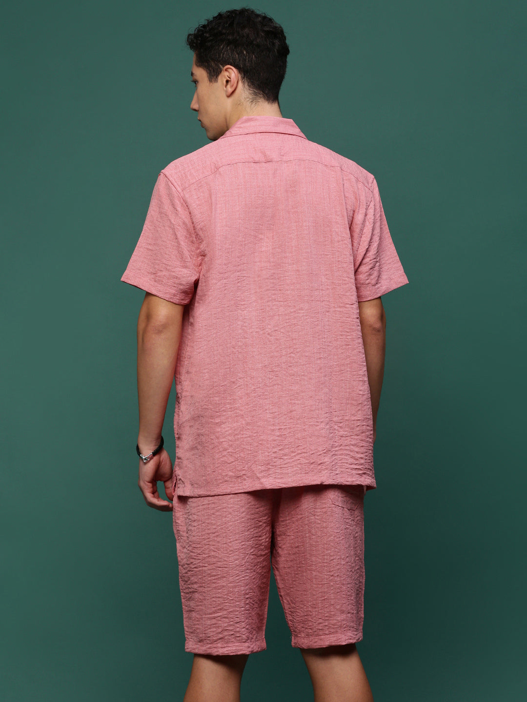 Men Pink Cuban Collar Solid Co Ords Set