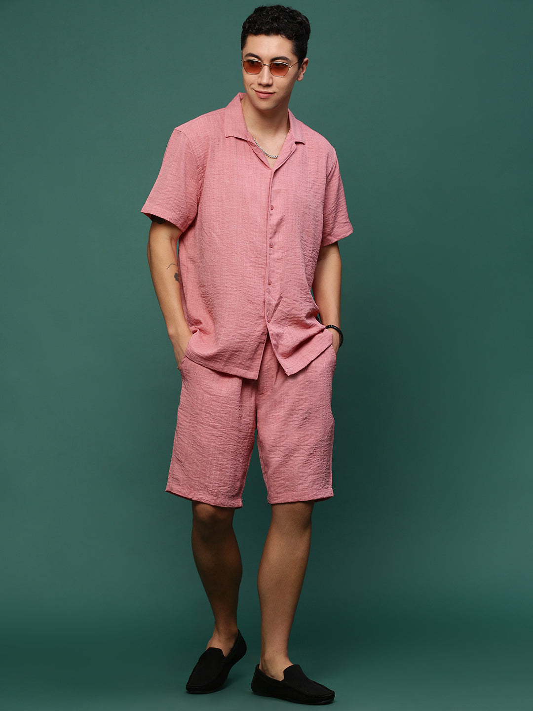 Men Pink Cuban Collar Solid Co Ords Set