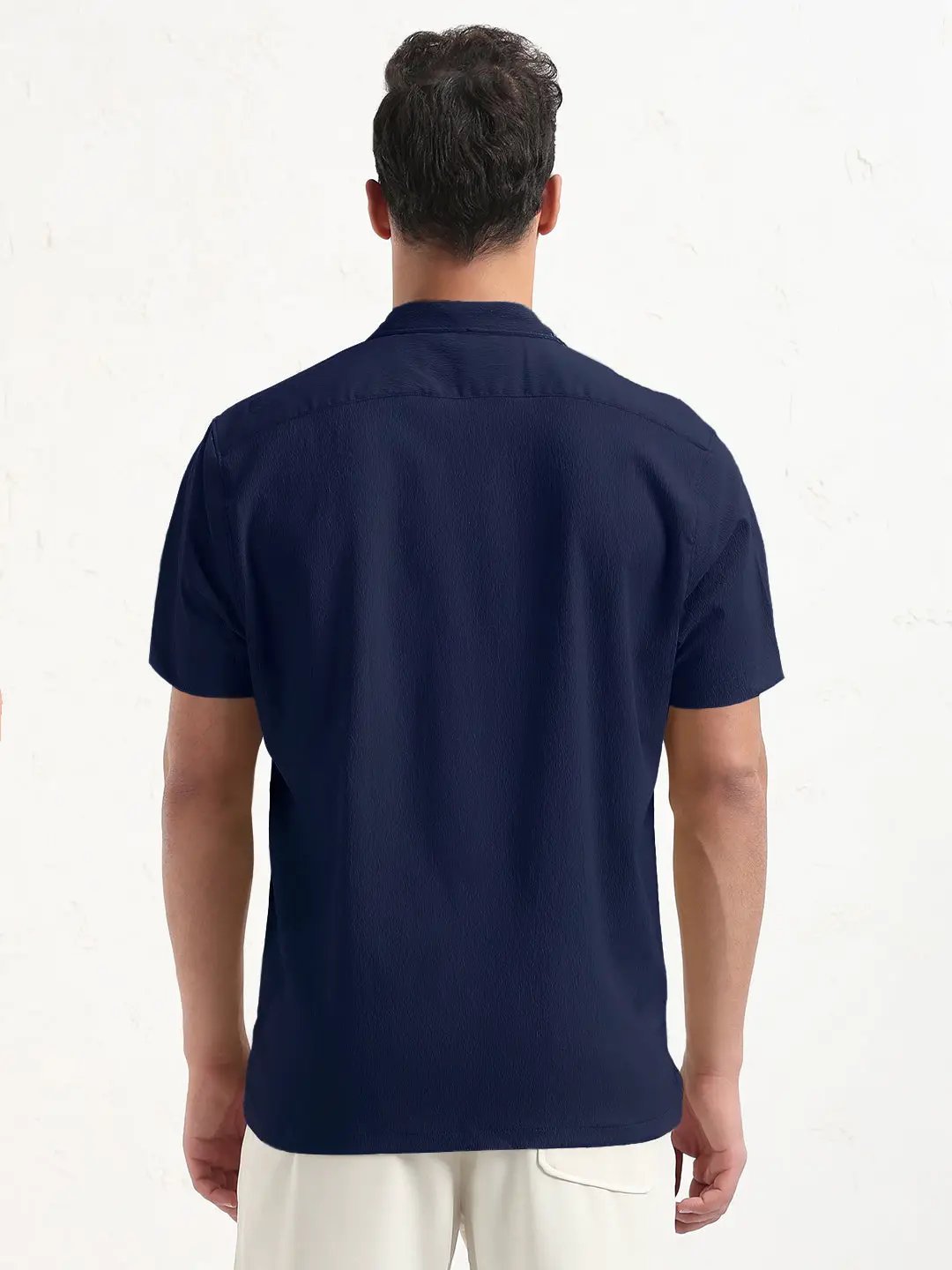 Men's Navy Blue Cuban Collar Relaxed Fit Shirt - from SHOWOFFFF