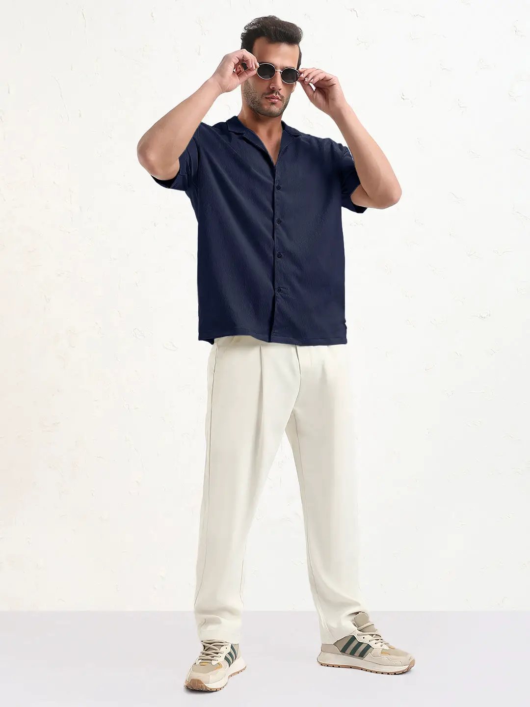 Men's Navy Blue Cuban Collar Relaxed Fit Shirt - from SHOWOFFFF