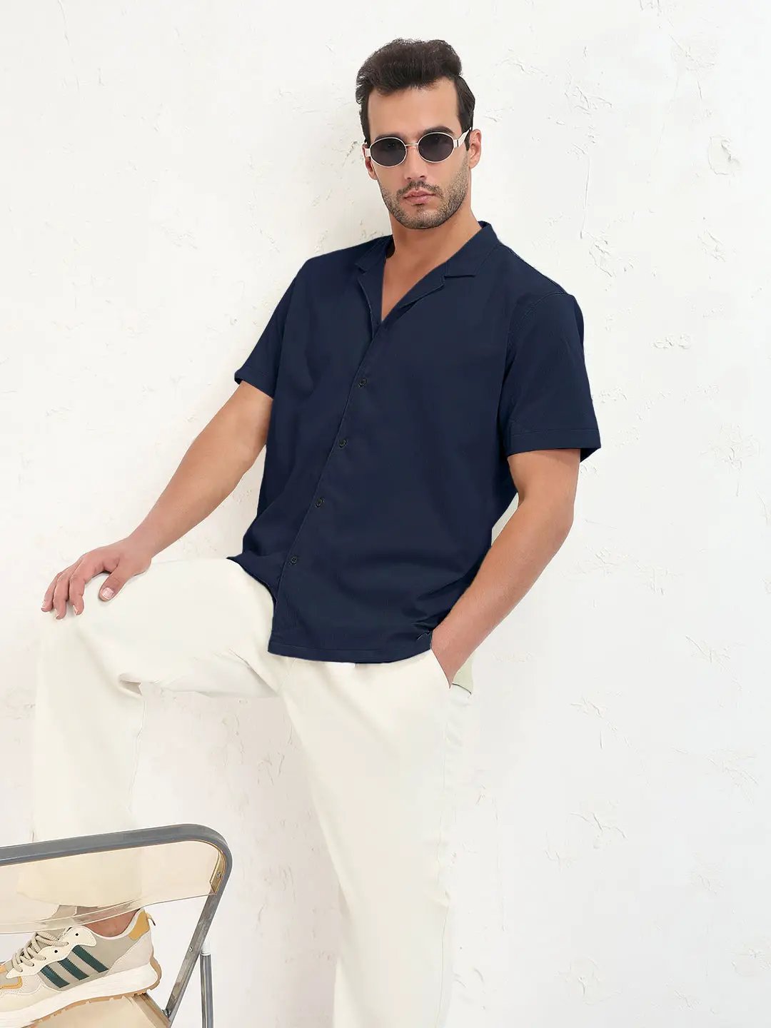 Men's Navy Blue Cuban Collar Relaxed Fit Shirt - from SHOWOFFFF