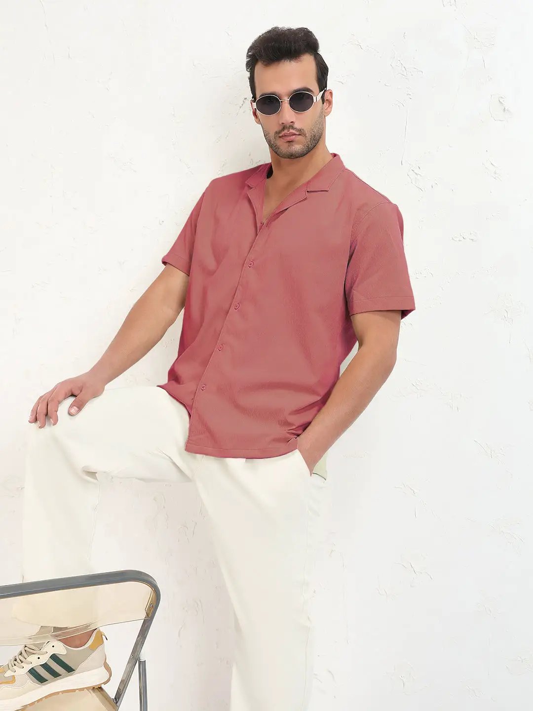 Men's Pink Cuban Collar Relaxed Fit Shirt - from SHOWOFFFF
