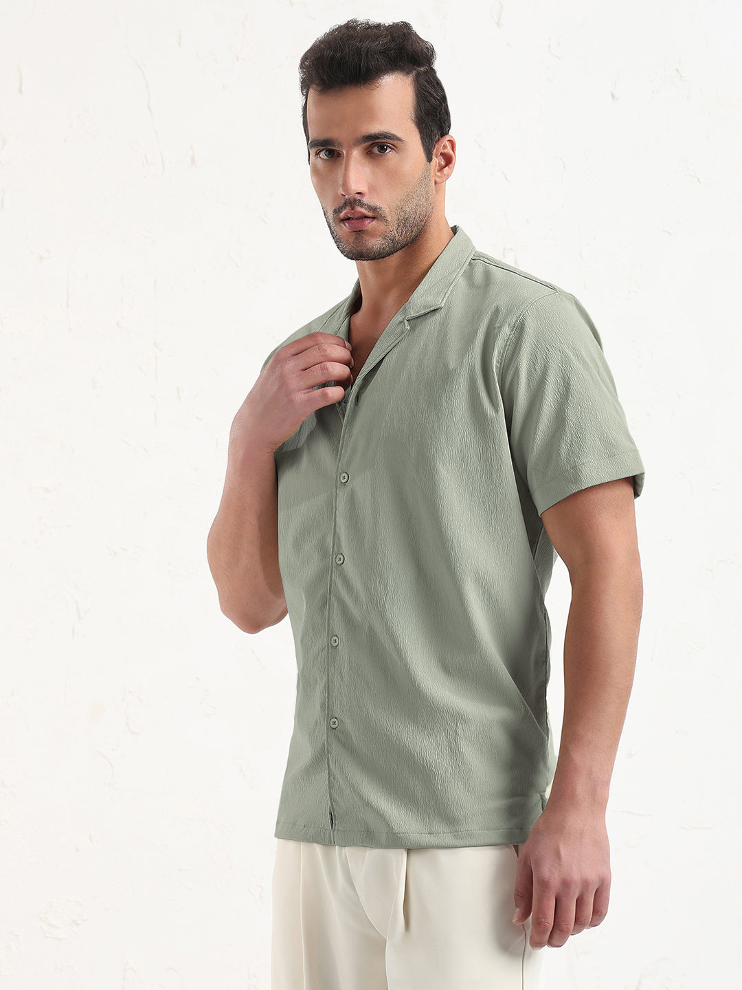 Men's Grey Cuban Collar Relaxed Fit Shirt