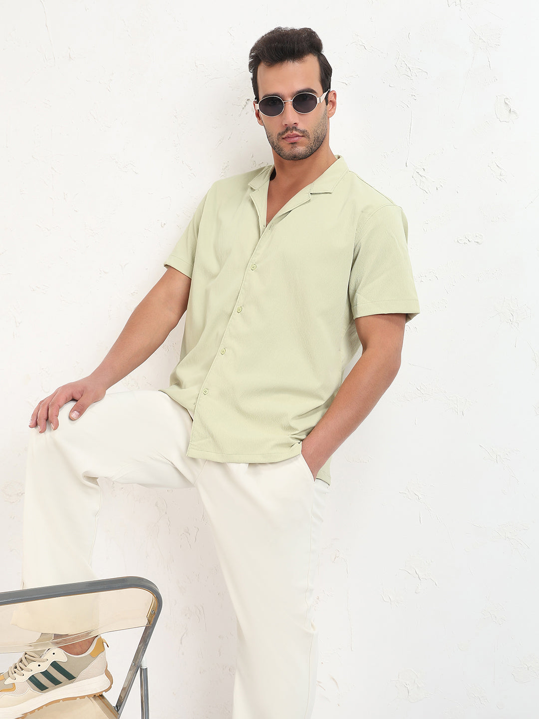 Men's Green Cuban Collar Solid Relaxed Fit Shirt