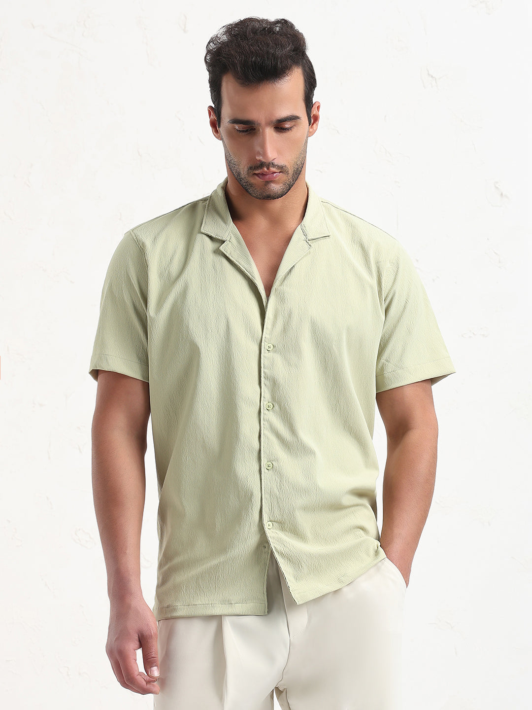 Men's Green Cuban Collar Solid Relaxed Fit Shirt