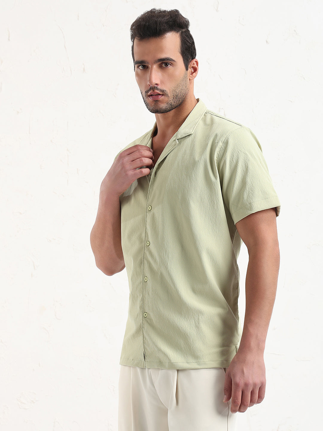 Men's Green Cuban Collar Solid Relaxed Fit Shirt