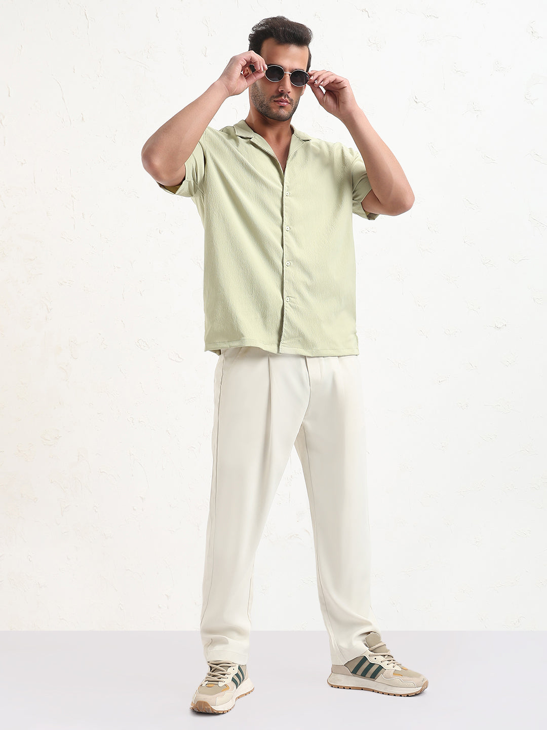 Men's Green Cuban Collar Solid Relaxed Fit Shirt