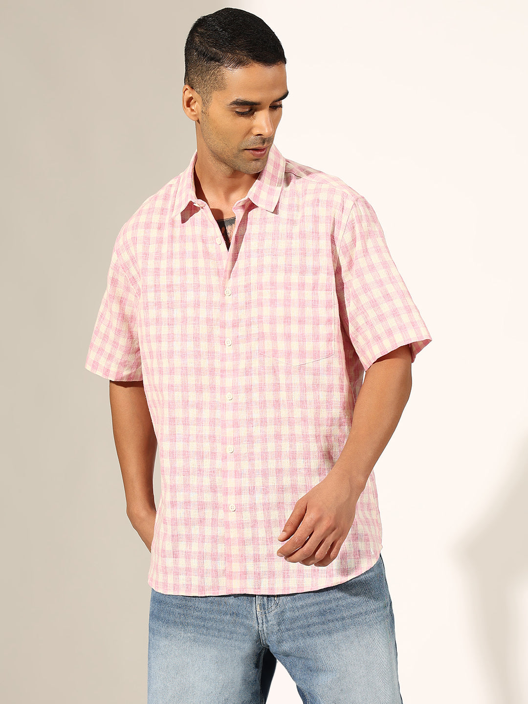 Men's Checked Pink Regular Fit Half Sleeve Shirt