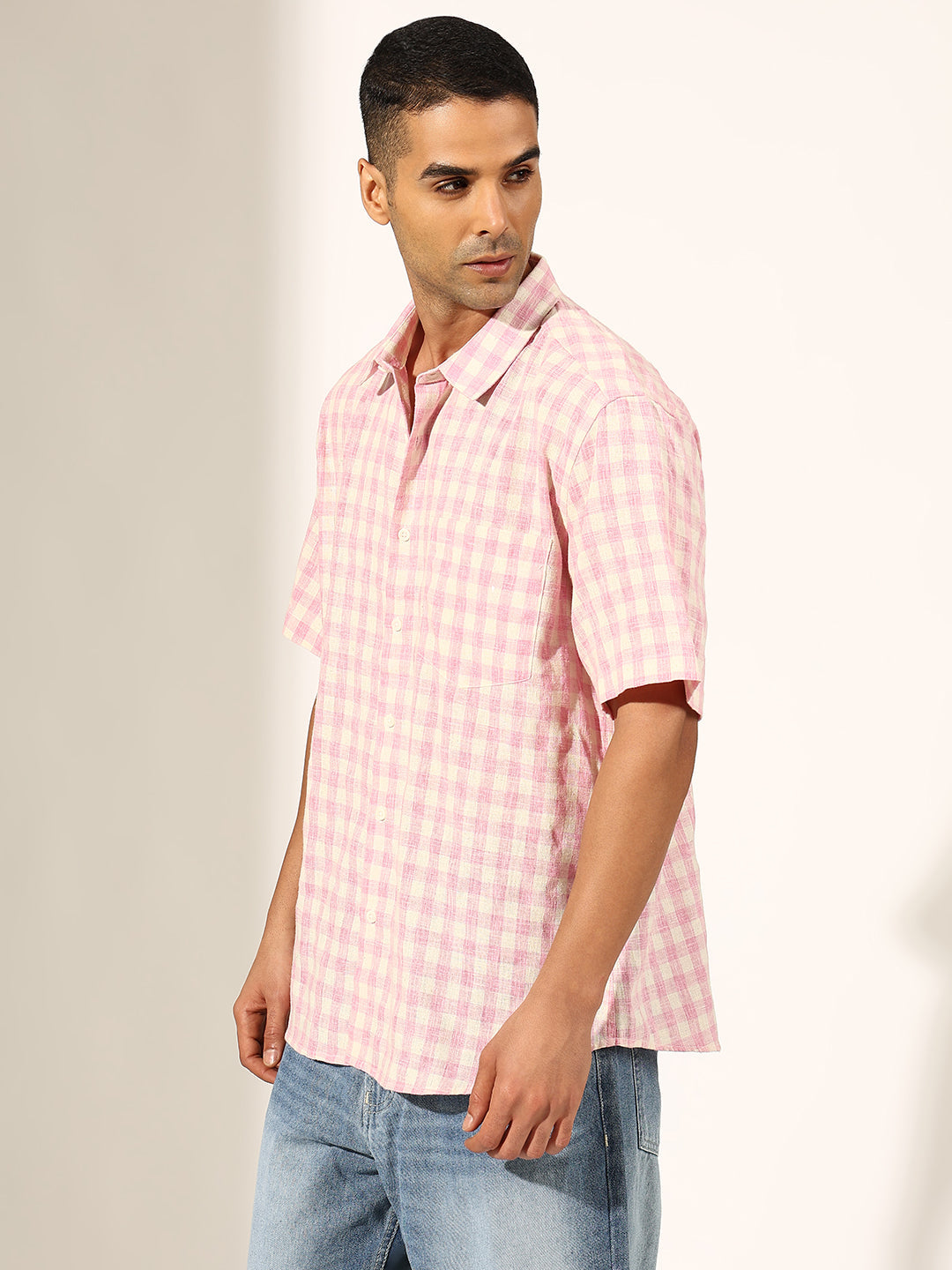 Men's Checked Pink Regular Fit Half Sleeve Shirt