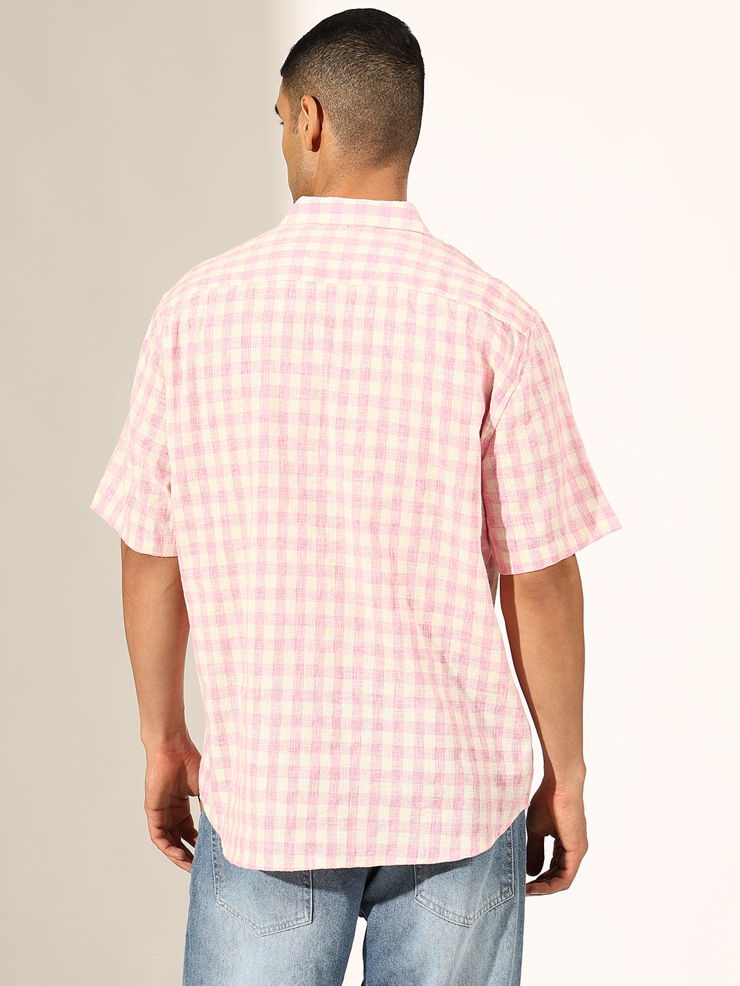 Men's Checked Pink Regular Fit Half Sleeve Shirt