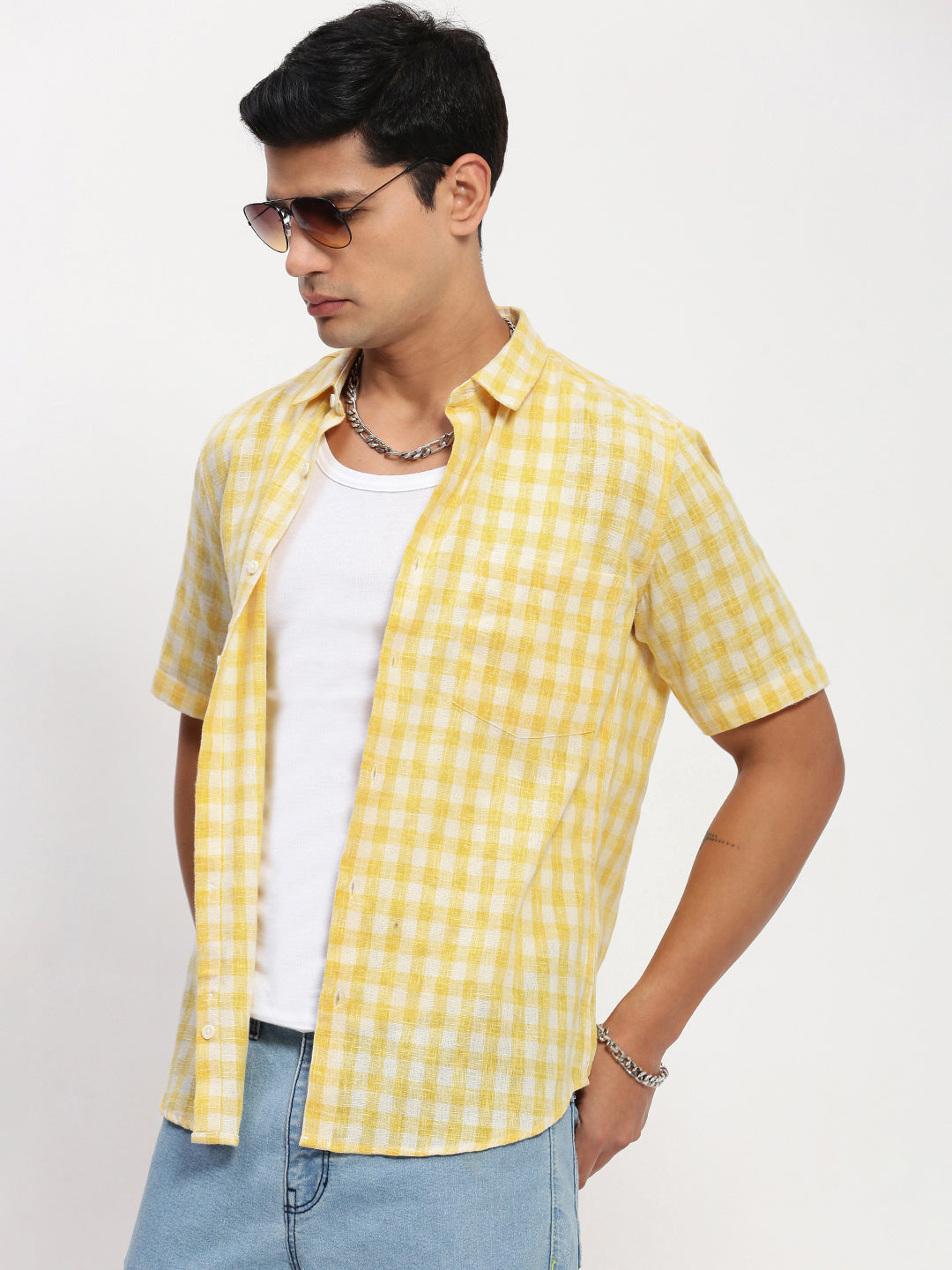 Men Yellow Checked Slim Fit Shirt