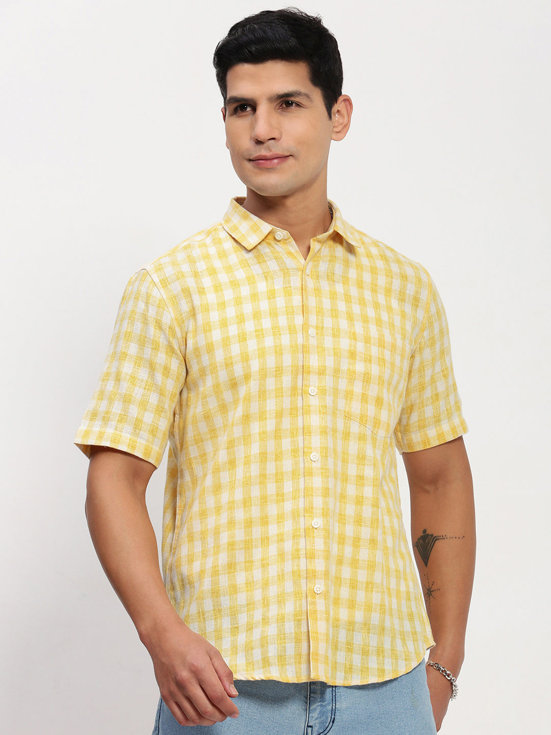 Men Yellow Checked Slim Fit Shirt