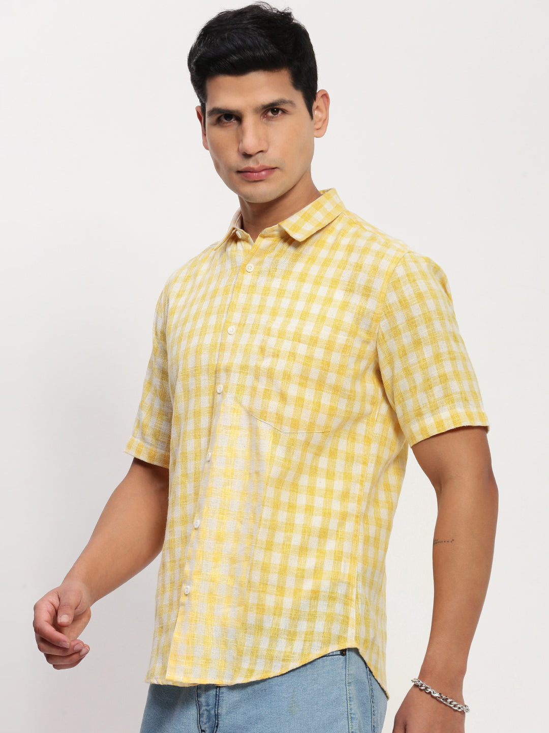 Men Yellow Checked Slim Fit Shirt