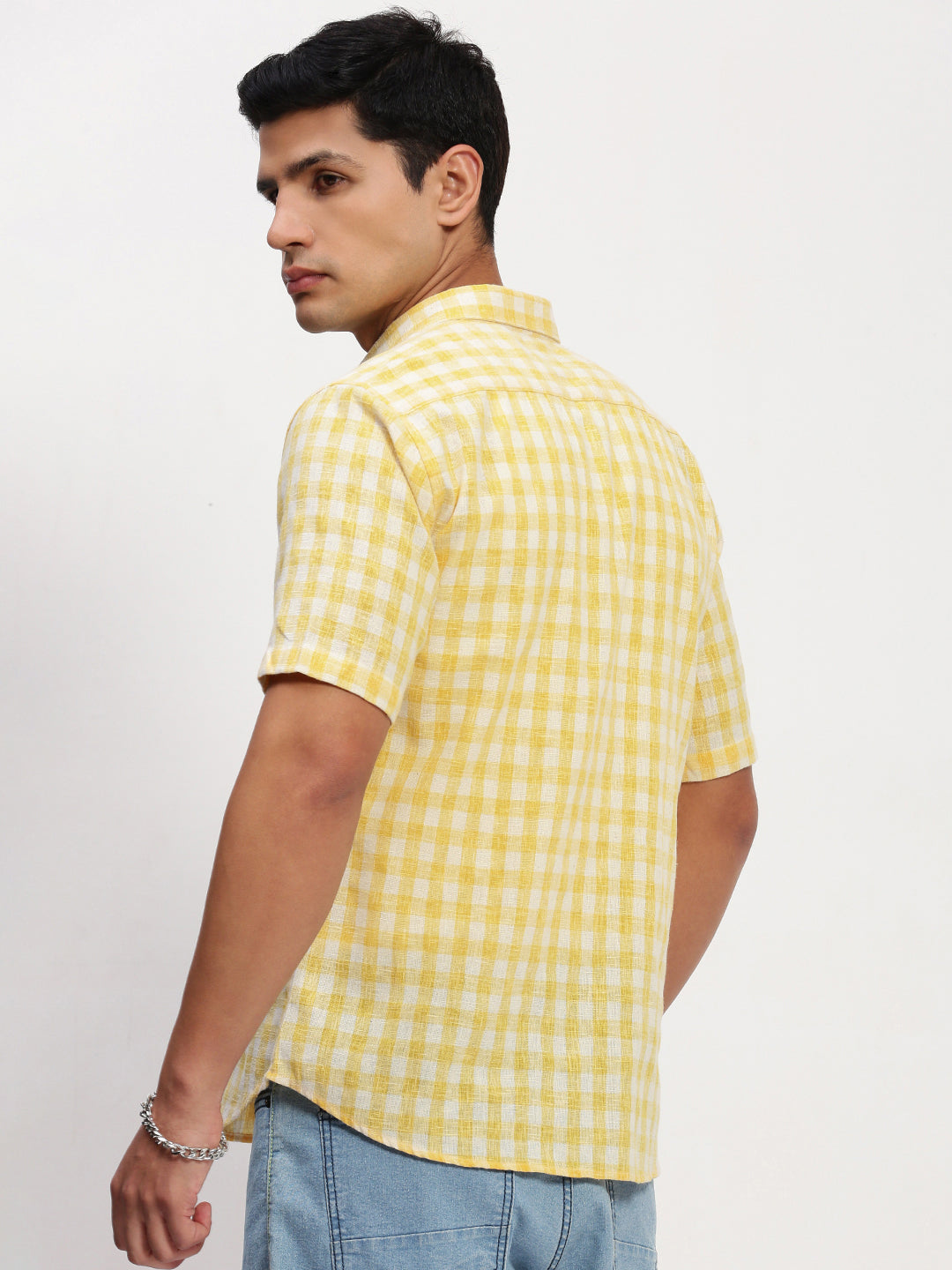 Men Yellow Checked Slim Fit Shirt