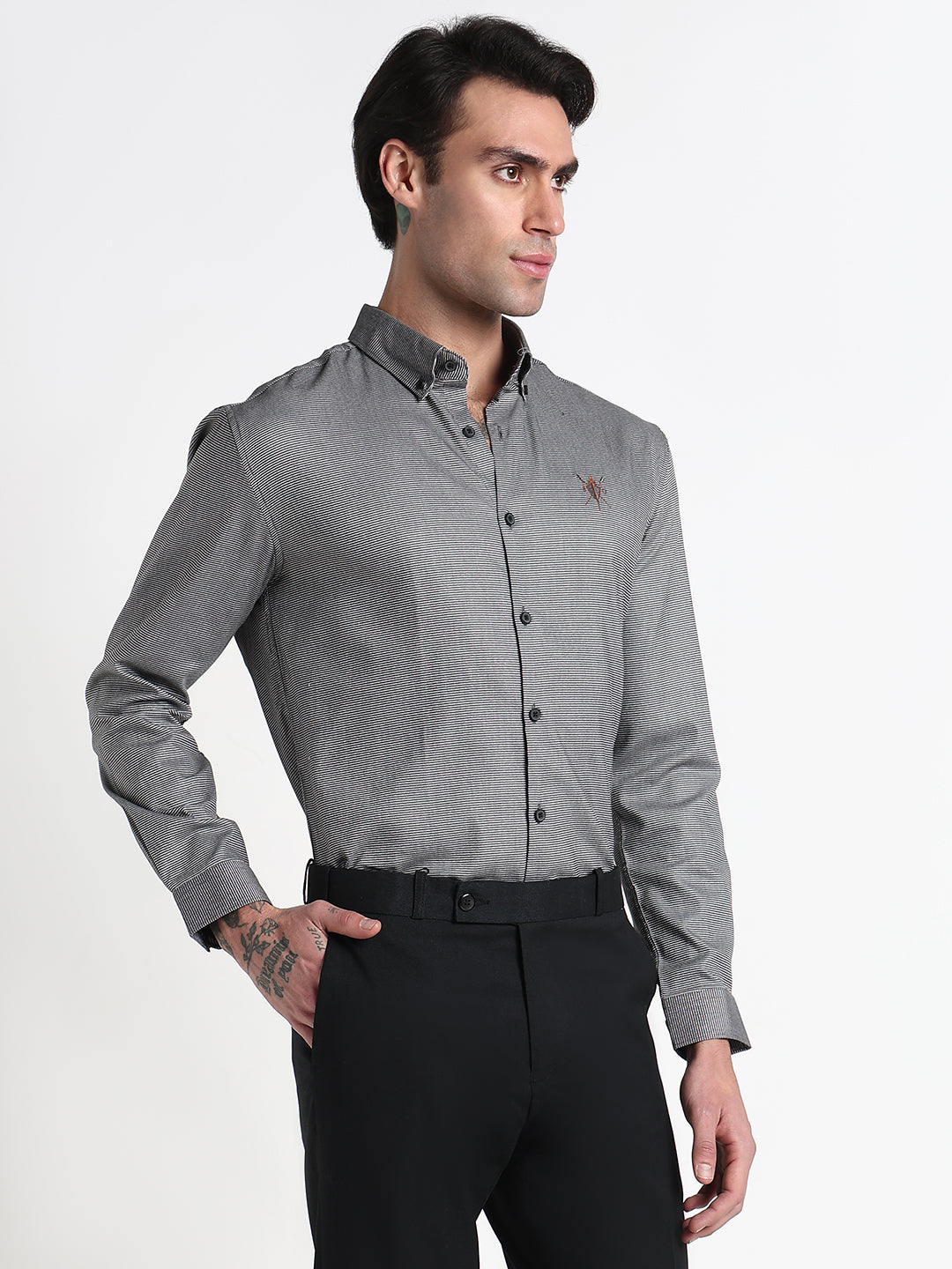 Men's Grey Striped Slim Fit Formal Shirt