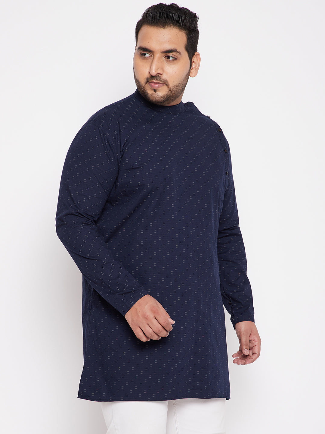 Men Geometric Navy Blue Straight Kurta