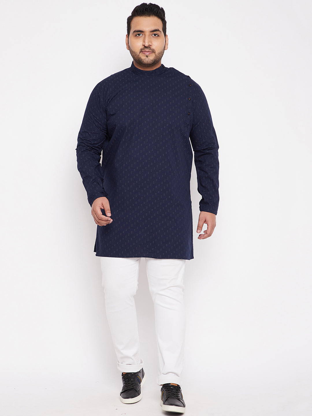 Men Geometric Navy Blue Straight Kurta