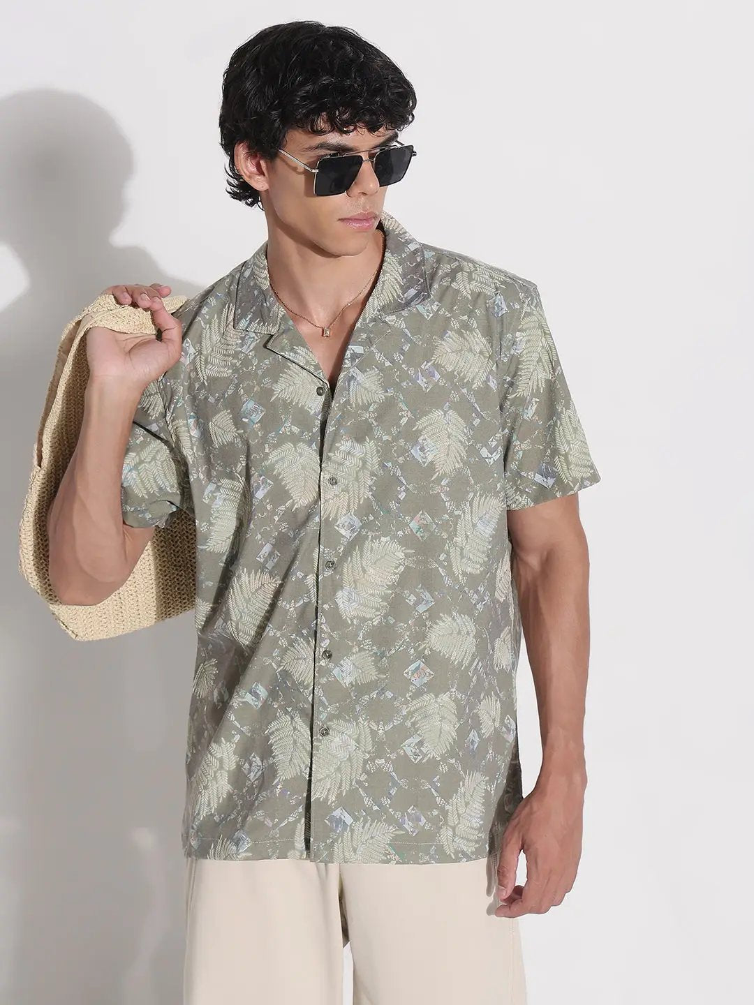 Buy Men's Green Floral Cuban Collar Relaxed Fit Shirt | Showoffff Buy Men's Green Floral Cuban Collar Relaxed Fit Shirt | Showoffff