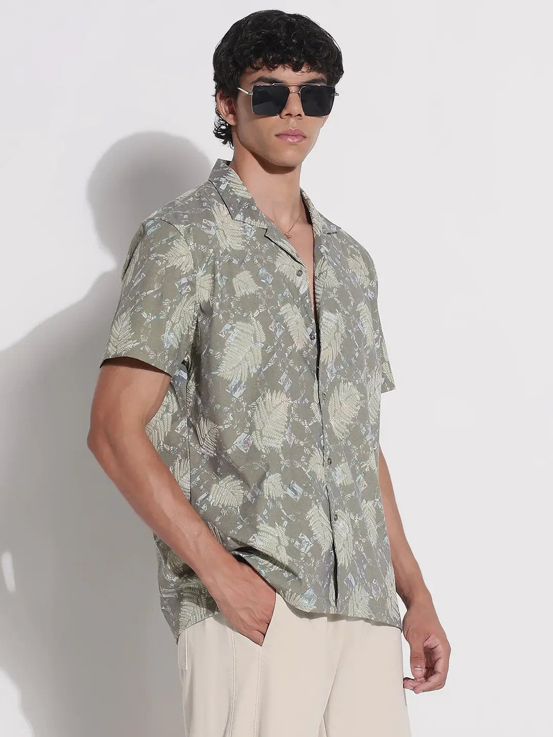 Men's Green Floral Cuban Collar Relaxed Fit Shirt - from SHOWOFFFF