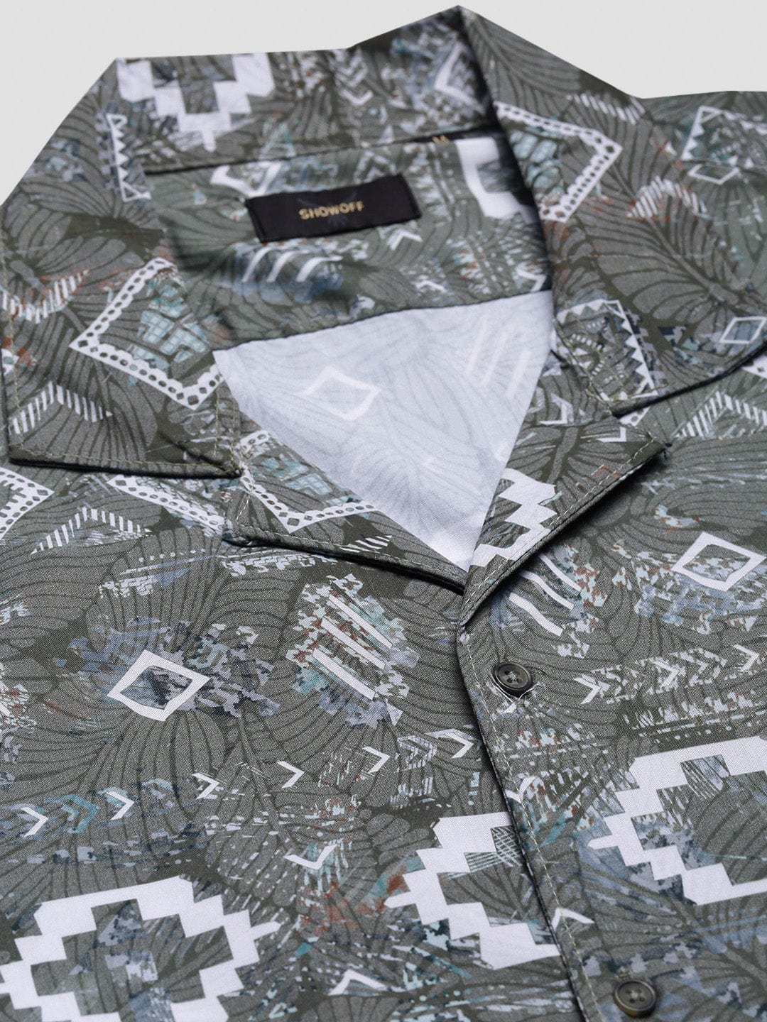 Men's Green Geometric Cuban Collar Relaxed Fit Shirt