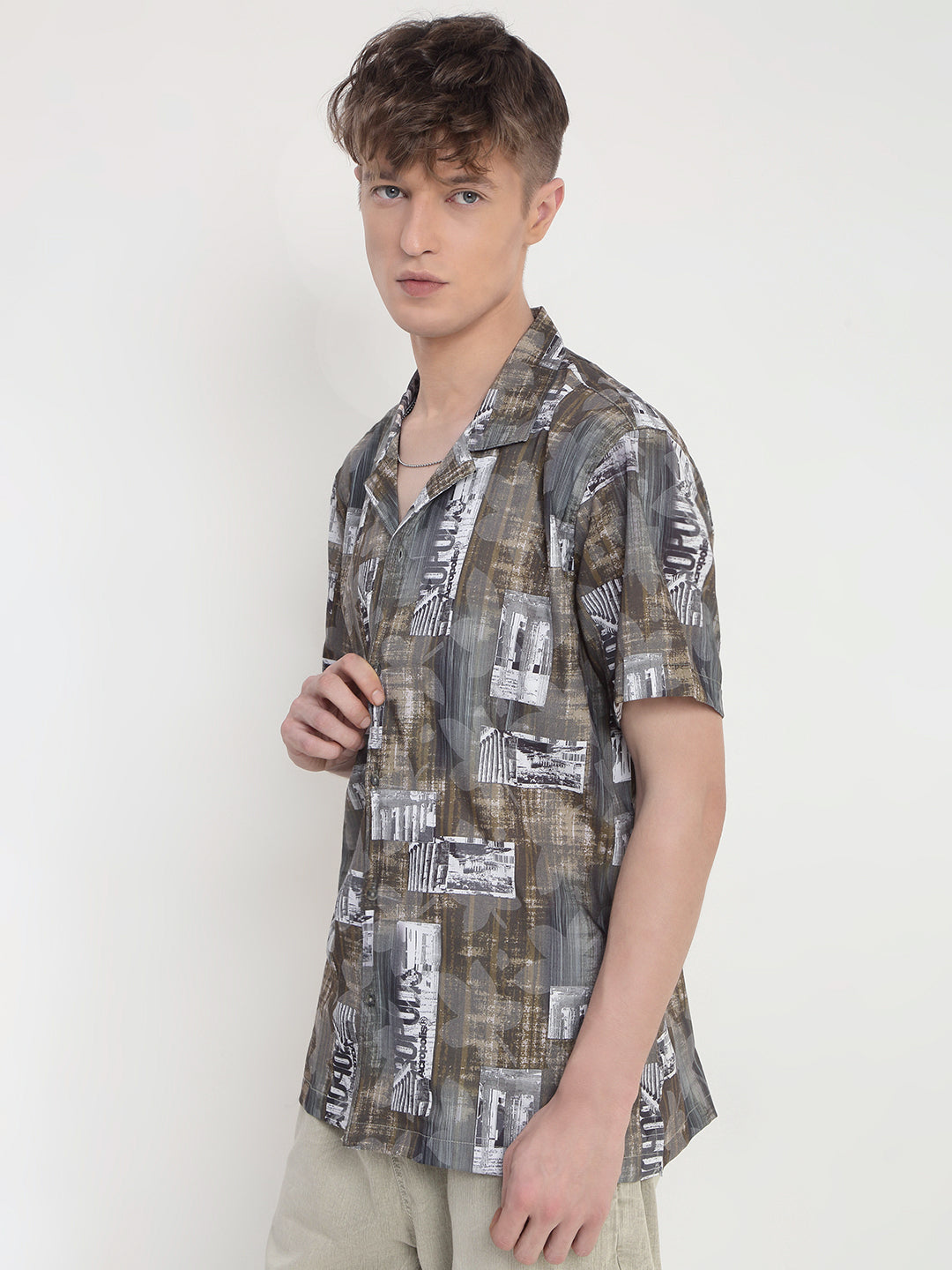 Men's Abstract Olive Cuban Collar Relaxed Fit Shirt