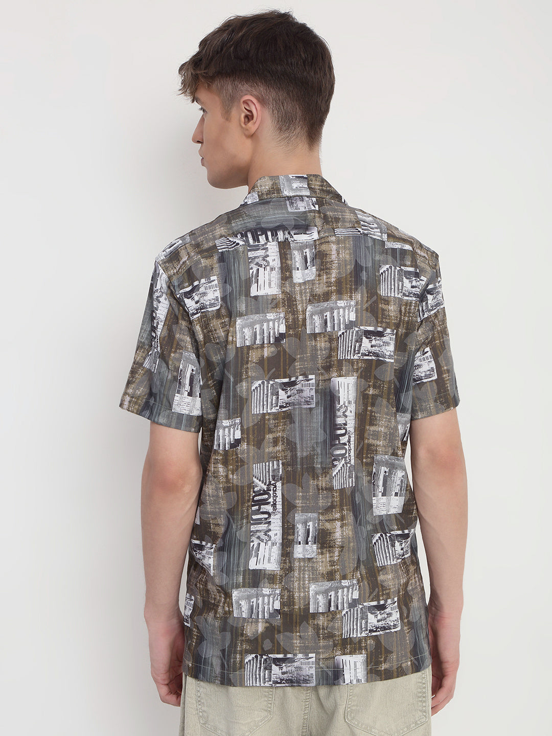 Men's Abstract Olive Cuban Collar Relaxed Fit Shirt