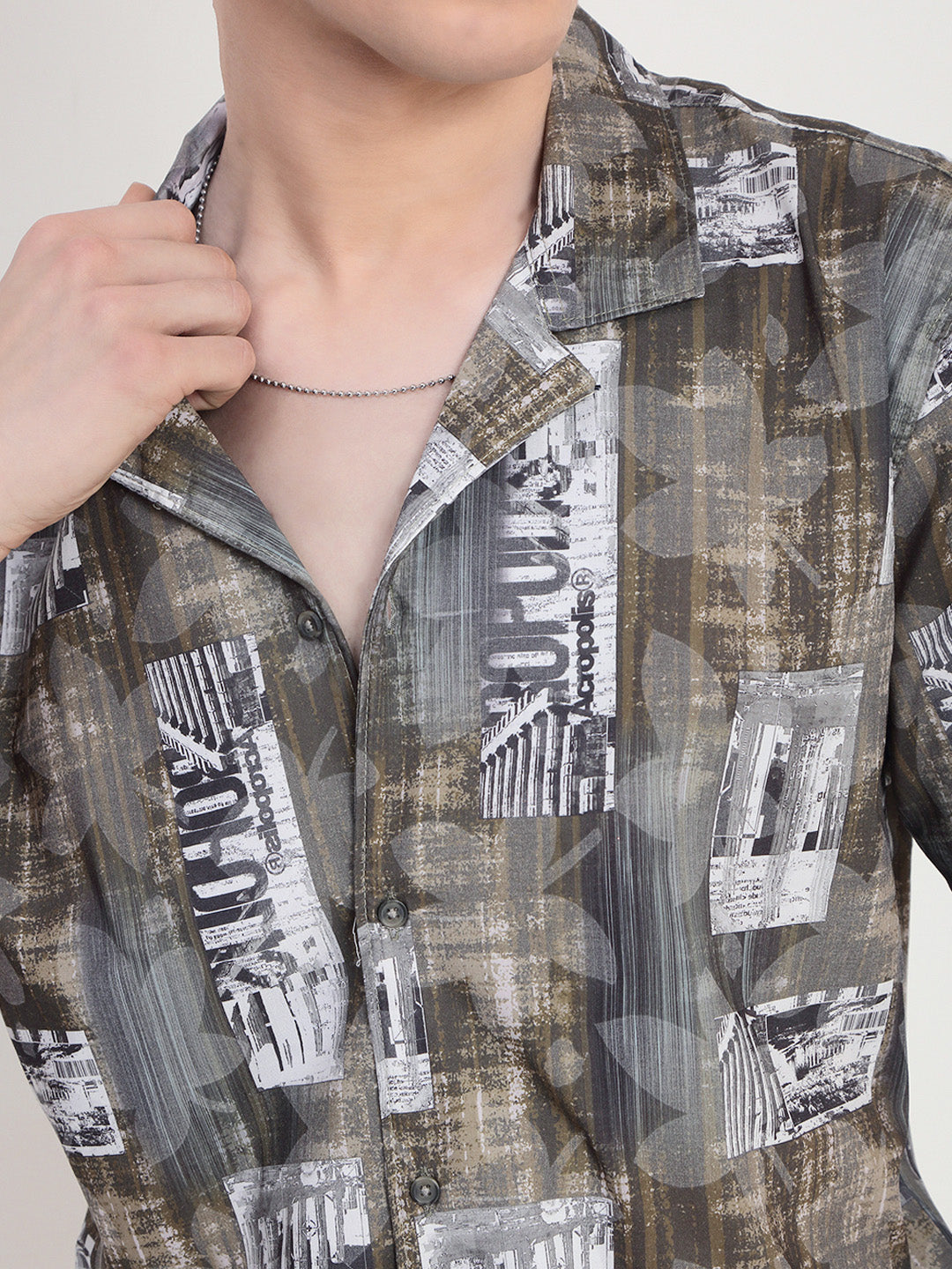 Men's Abstract Olive Cuban Collar Relaxed Fit Shirt