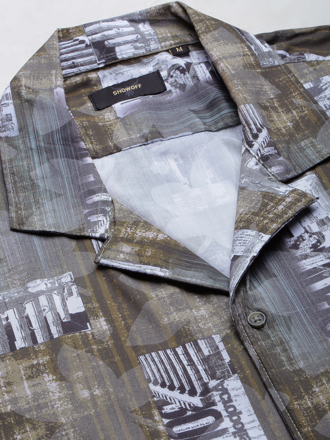 Men's Abstract Olive Cuban Collar Relaxed Fit Shirt