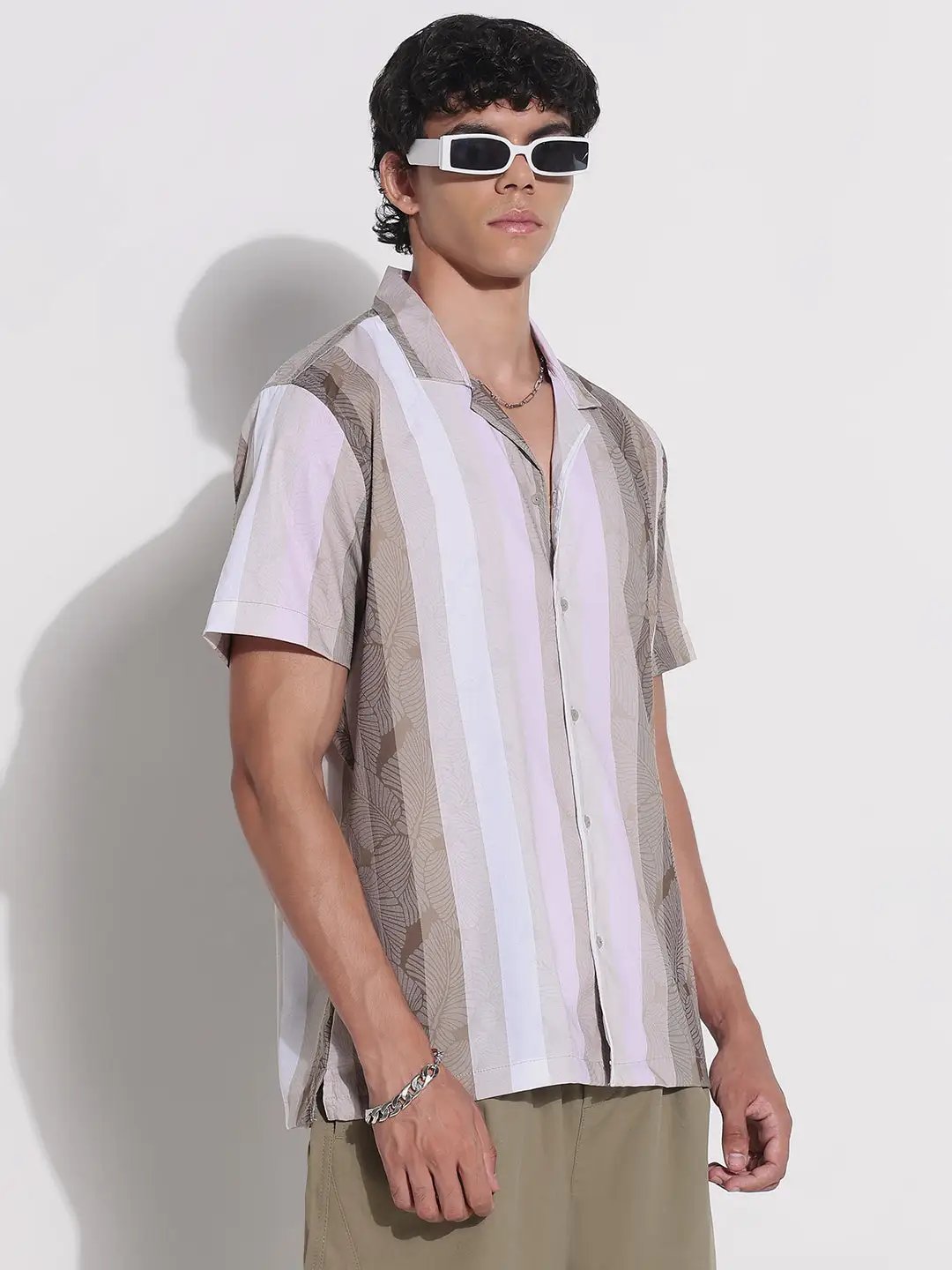 Men's Green Striped Cuban Collar Relaxed Fit Shirt - from SHOWOFFFF