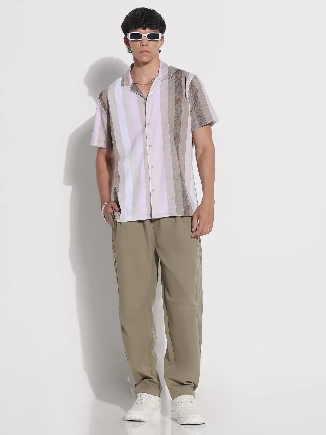 Men's Green Striped Cuban Collar Relaxed Fit Shirt - from SHOWOFFFF