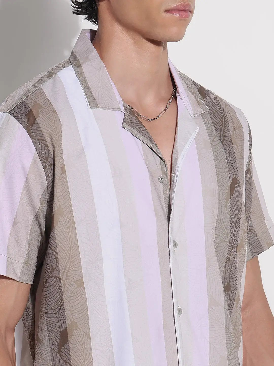 Men's Green Striped Cuban Collar Relaxed Fit Shirt - from SHOWOFFFF