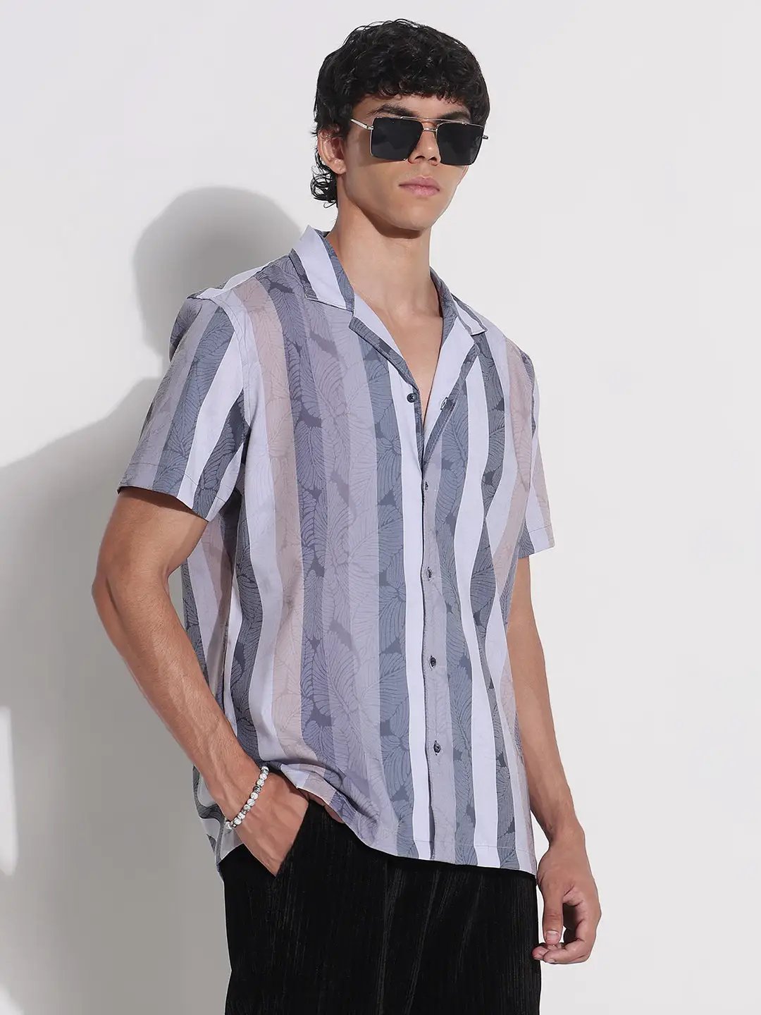 Men's Grey Striped Cuban Collar Relaxed Fit Shirt - from SHOWOFFFF