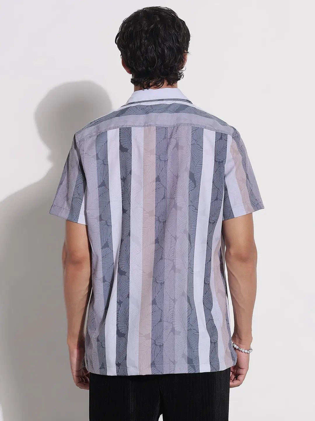 Men's Grey Striped Cuban Collar Relaxed Fit Shirt - from SHOWOFFFF