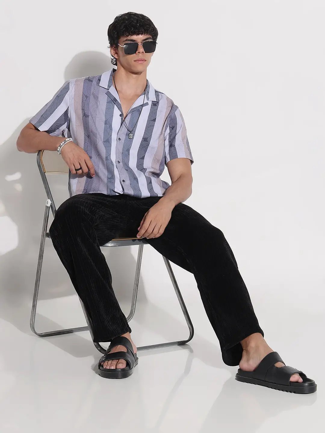 Men's Grey Striped Cuban Collar Relaxed Fit Shirt - from SHOWOFFFF