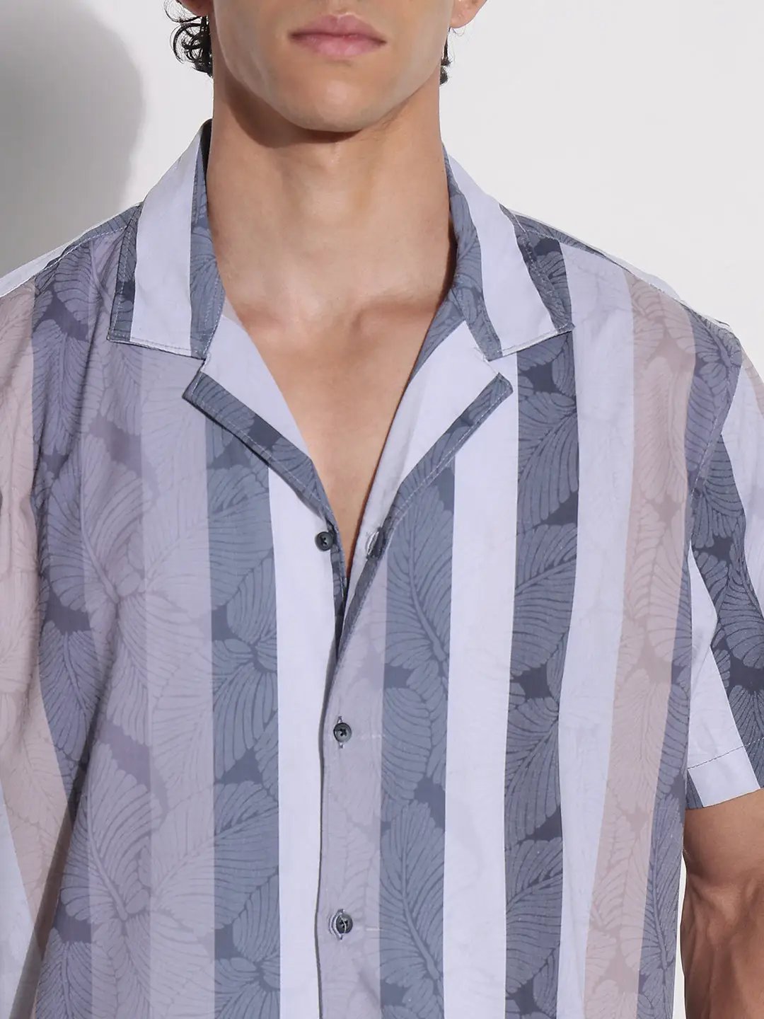 Men's Grey Striped Cuban Collar Relaxed Fit Shirt - from SHOWOFFFF