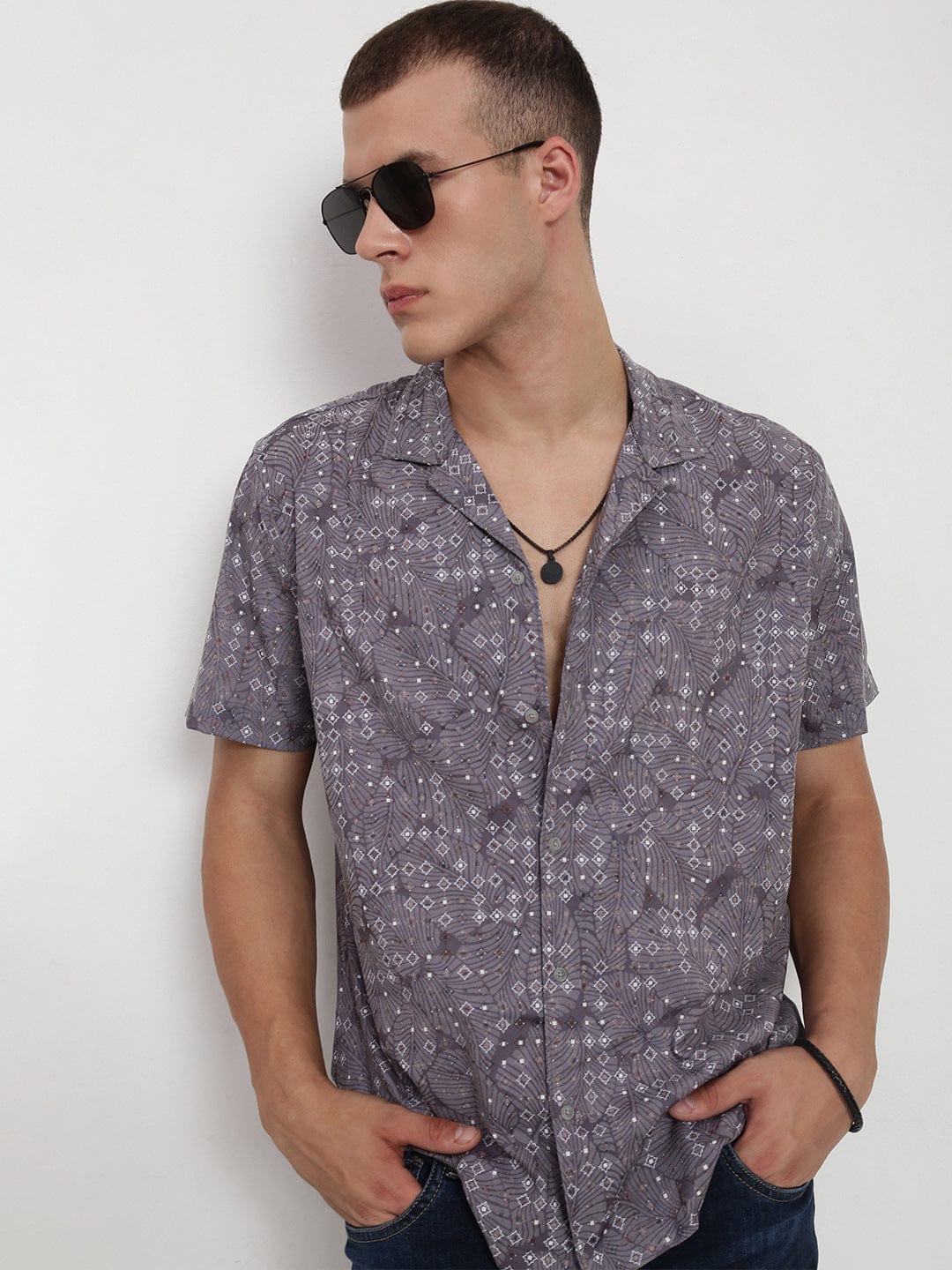 Men's Grey Floral Cuban Collar Relaxed Fit Shirt