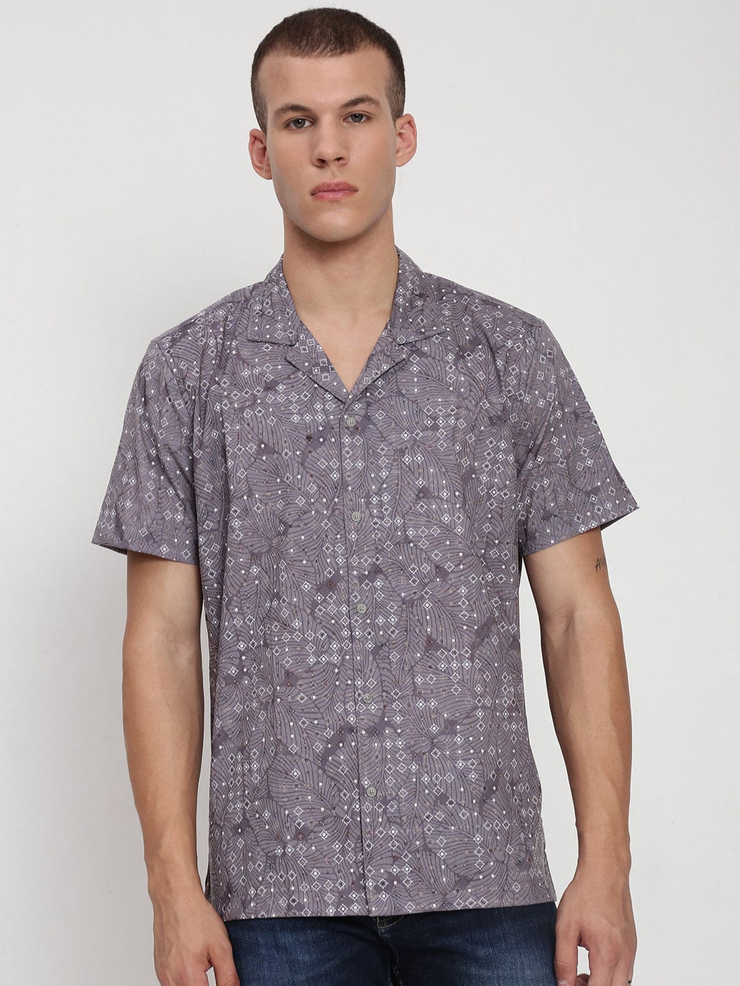Men's Grey Floral Cuban Collar Relaxed Fit Shirt