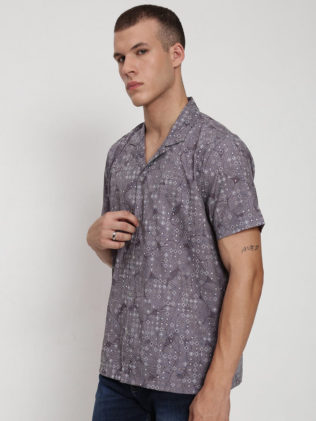 Men's Grey Floral Cuban Collar Relaxed Fit Shirt