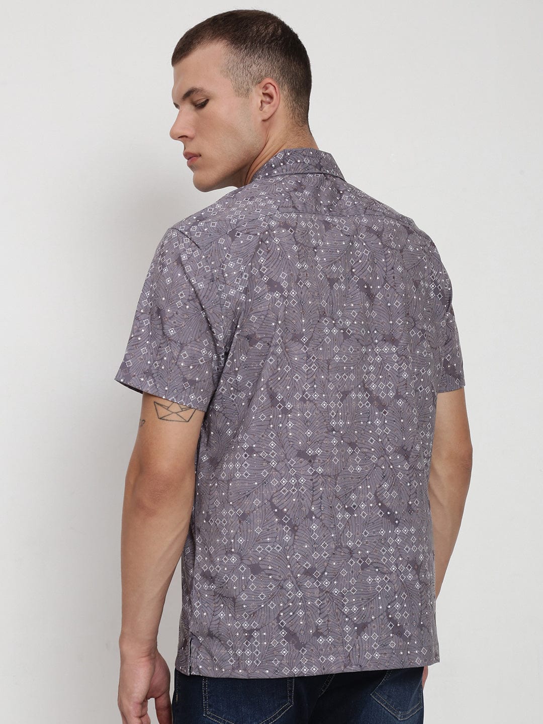 Men's Grey Floral Cuban Collar Relaxed Fit Shirt