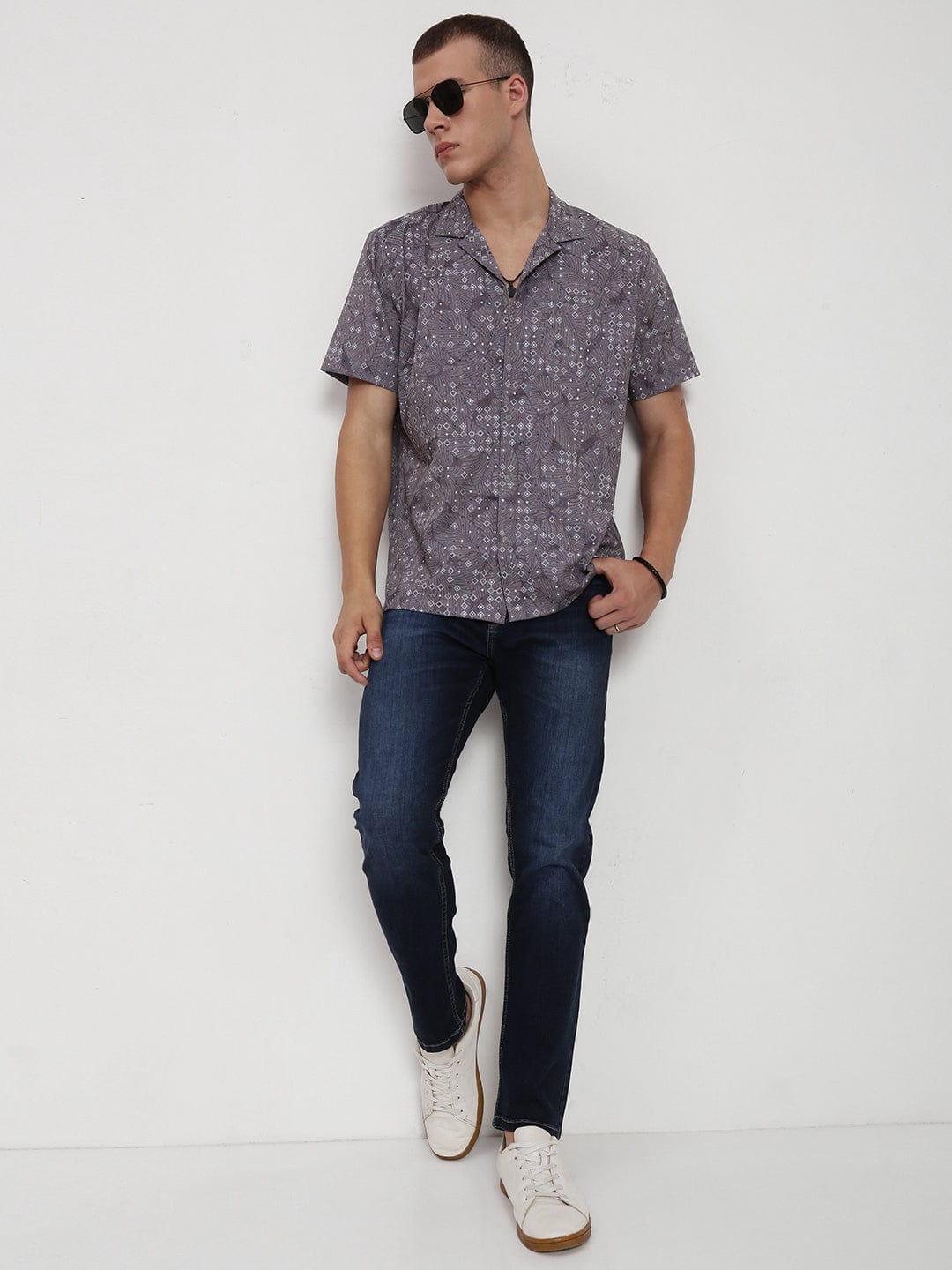 Men's Grey Floral Cuban Collar Relaxed Fit Shirt
