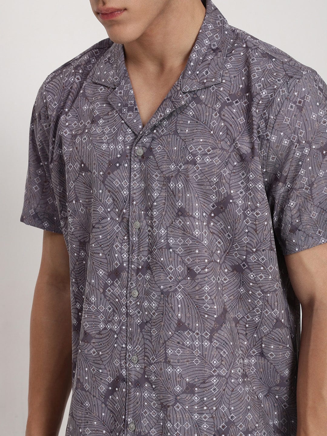 Men's Grey Floral Cuban Collar Relaxed Fit Shirt