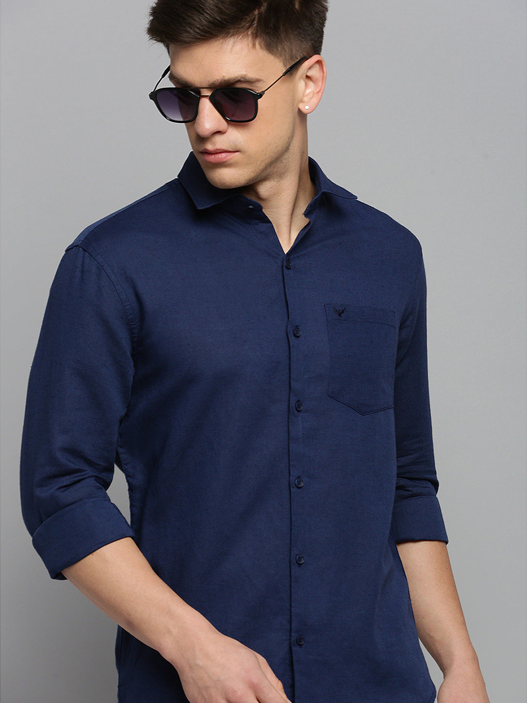 Men's Spread Collar Solid Navy Blue Shirt