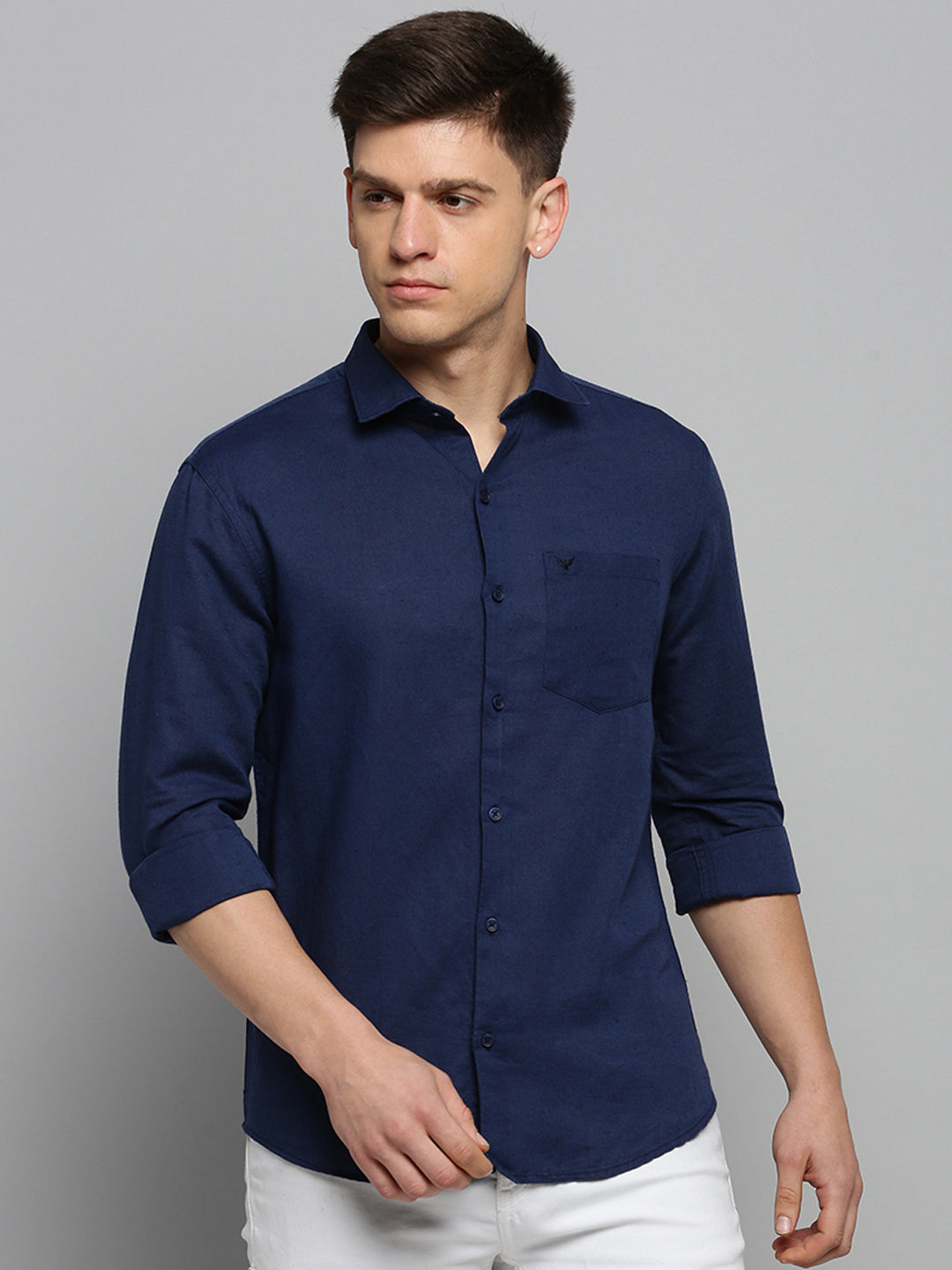 Men's Spread Collar Solid Navy Blue Shirt
