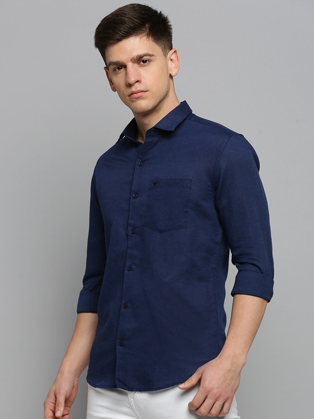 Men's Spread Collar Solid Navy Blue Shirt
