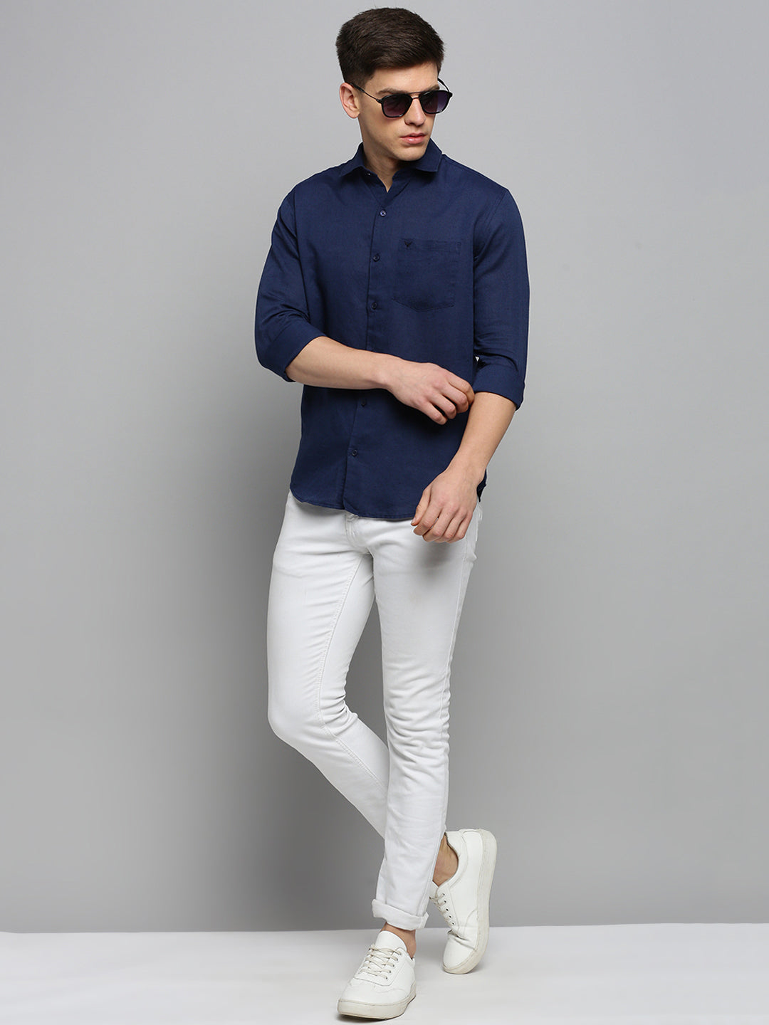 Men's Spread Collar Solid Navy Blue Shirt
