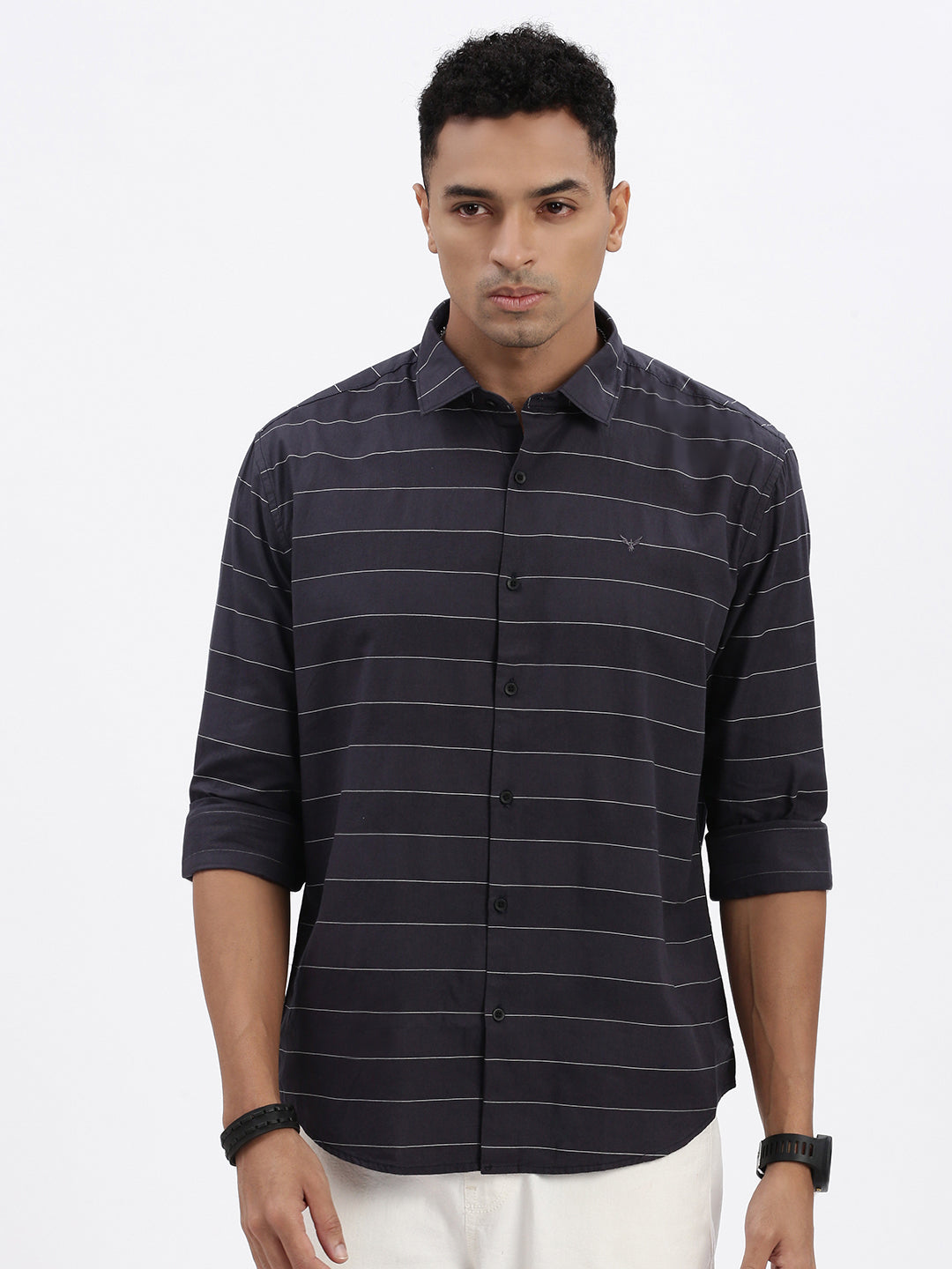 Men Grey Striped Slim Fit Shirt