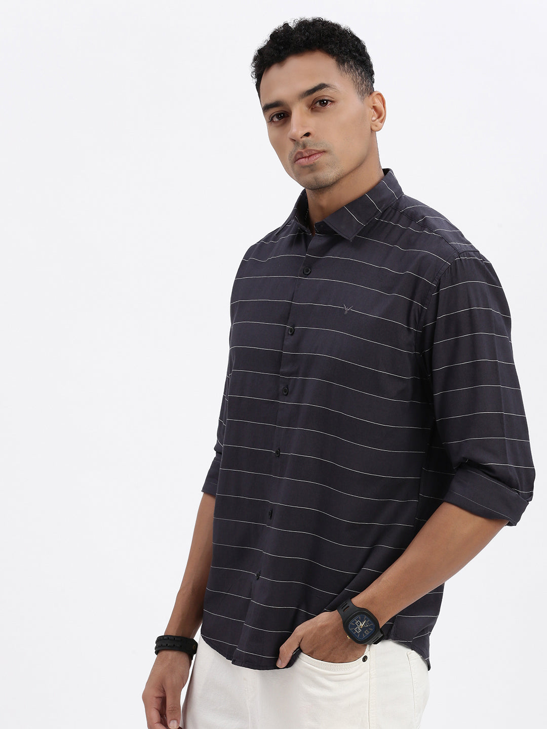 Men Grey Striped Slim Fit Shirt