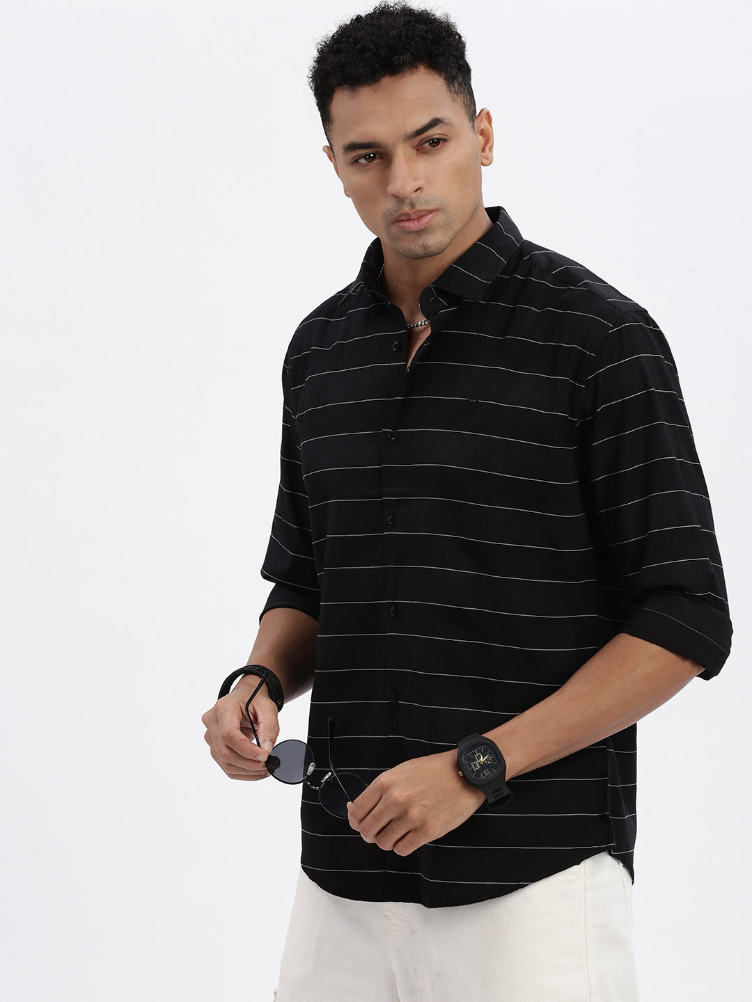 Men Black Striped Slim Fit Shirt